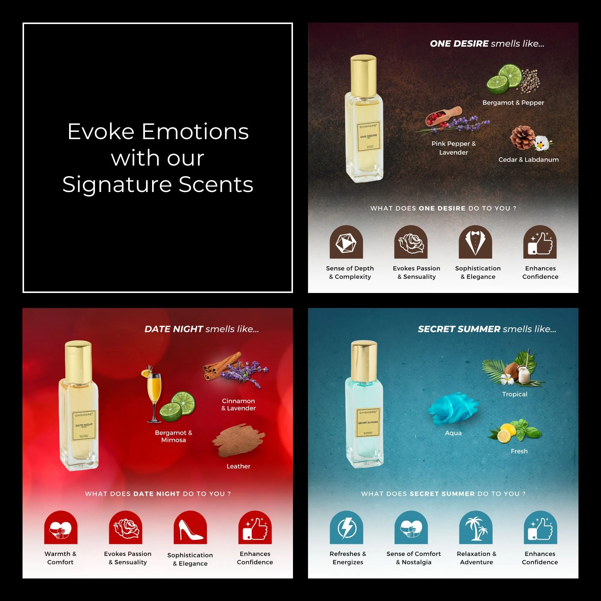 Chokore Perfume Combo Pack of 3 For Men & Women (One Desire, Date Night, & Secret Summer) | 3 x 20 ml
