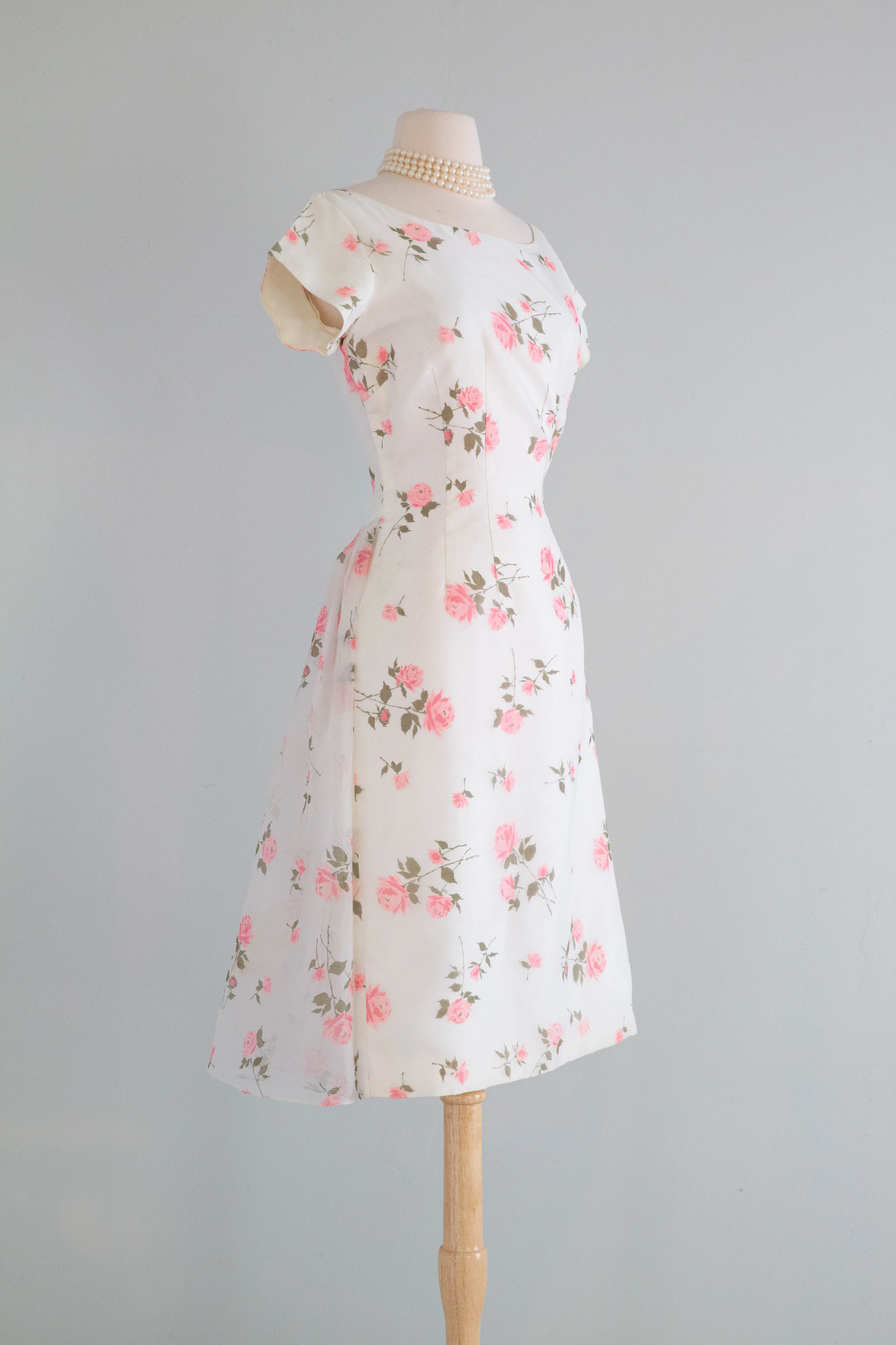 Classic Beauty 1950's Pink Rose Print Party Dress By Sylvia Ann / Medium