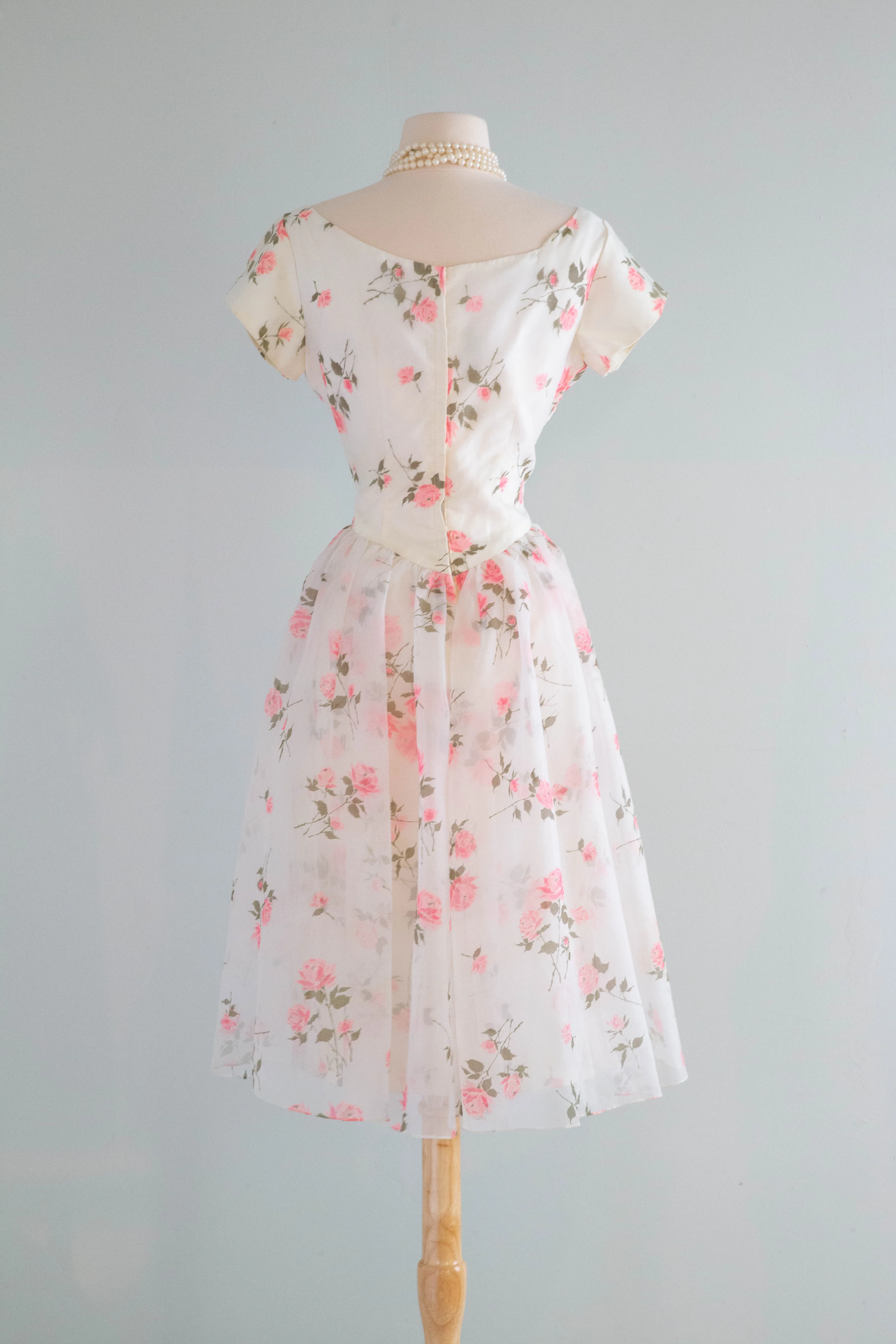 Classic Beauty 1950's Pink Rose Print Party Dress By Sylvia Ann / Medium