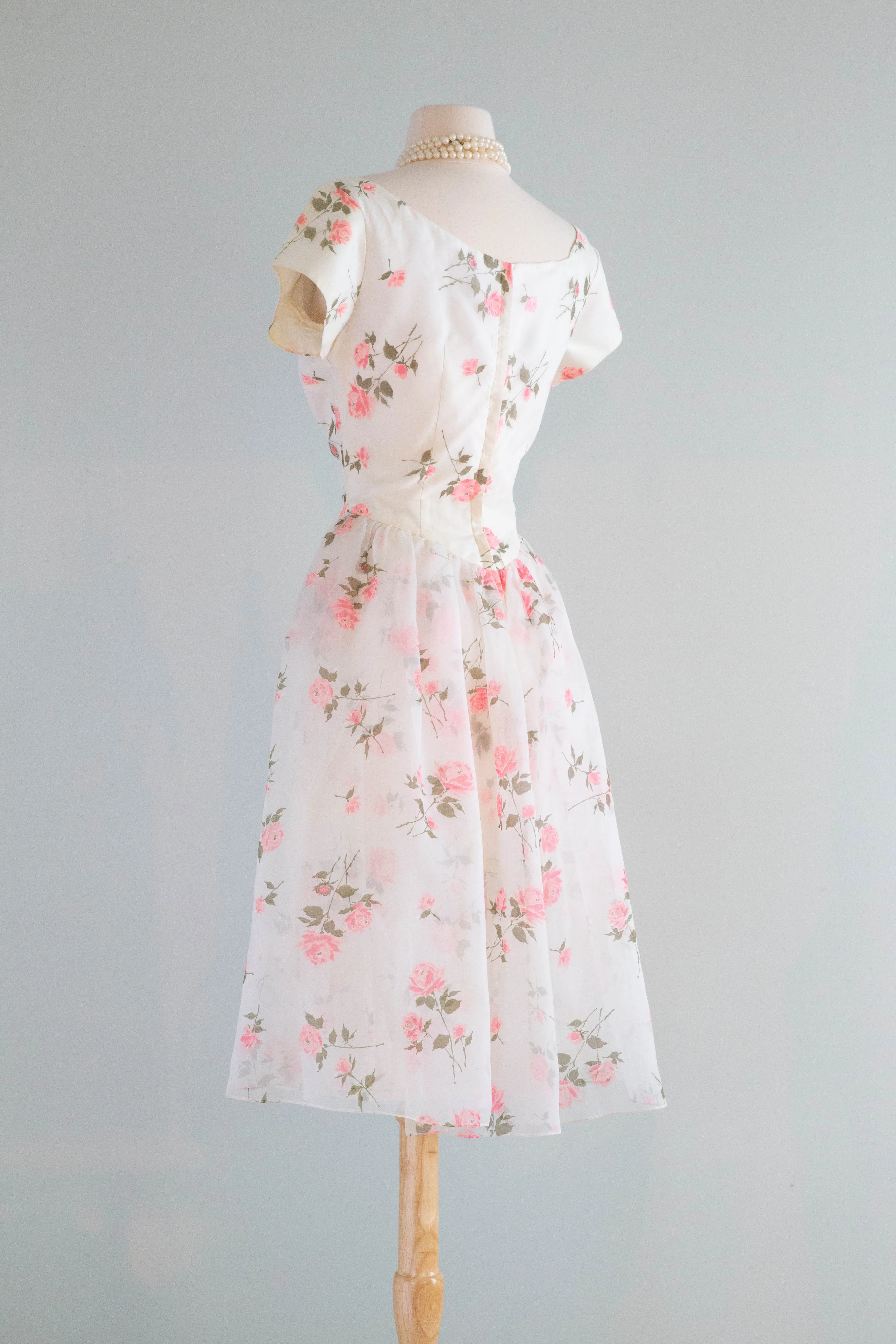 Classic Beauty 1950's Pink Rose Print Party Dress By Sylvia Ann / Medium