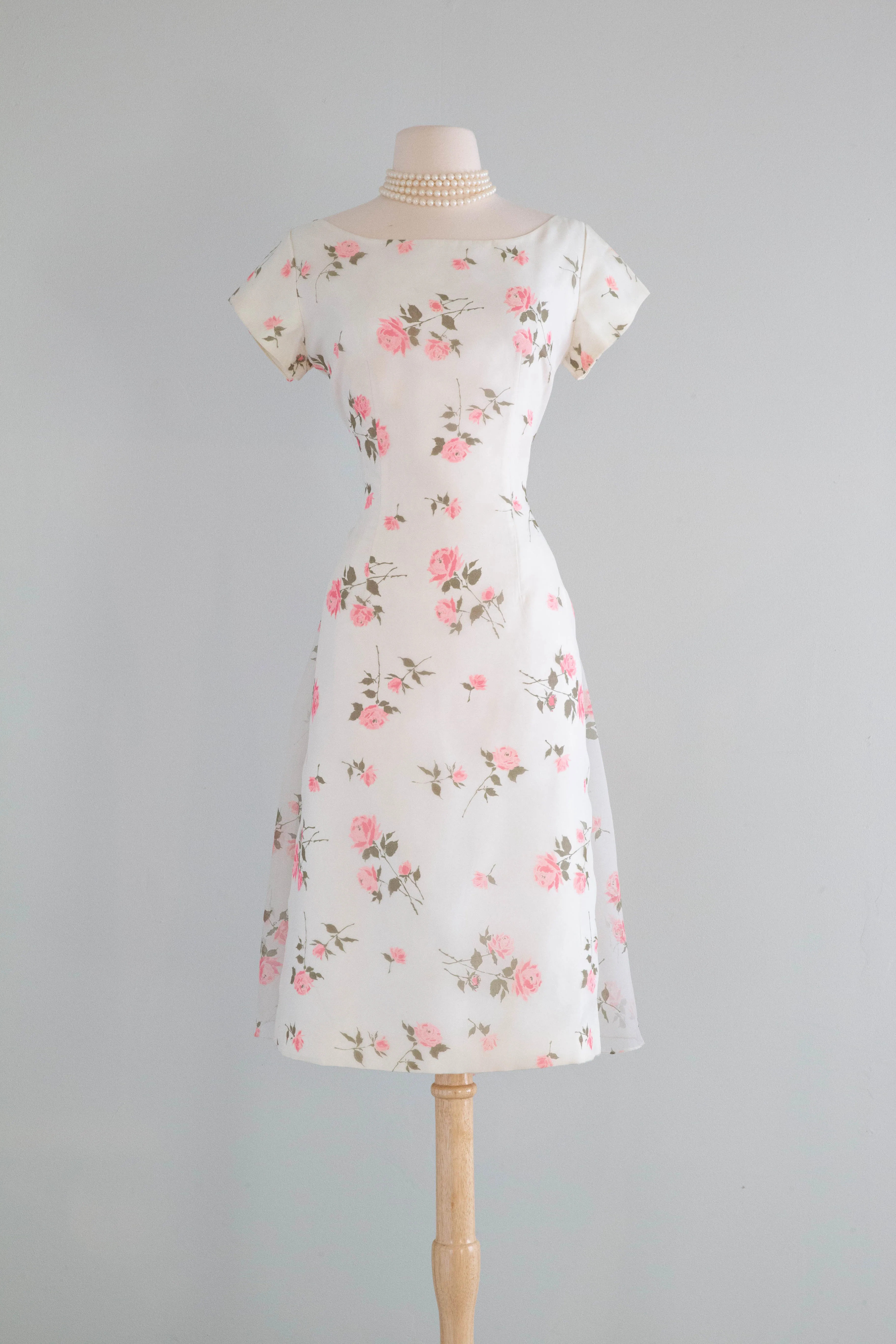 Classic Beauty 1950's Pink Rose Print Party Dress By Sylvia Ann / Medium