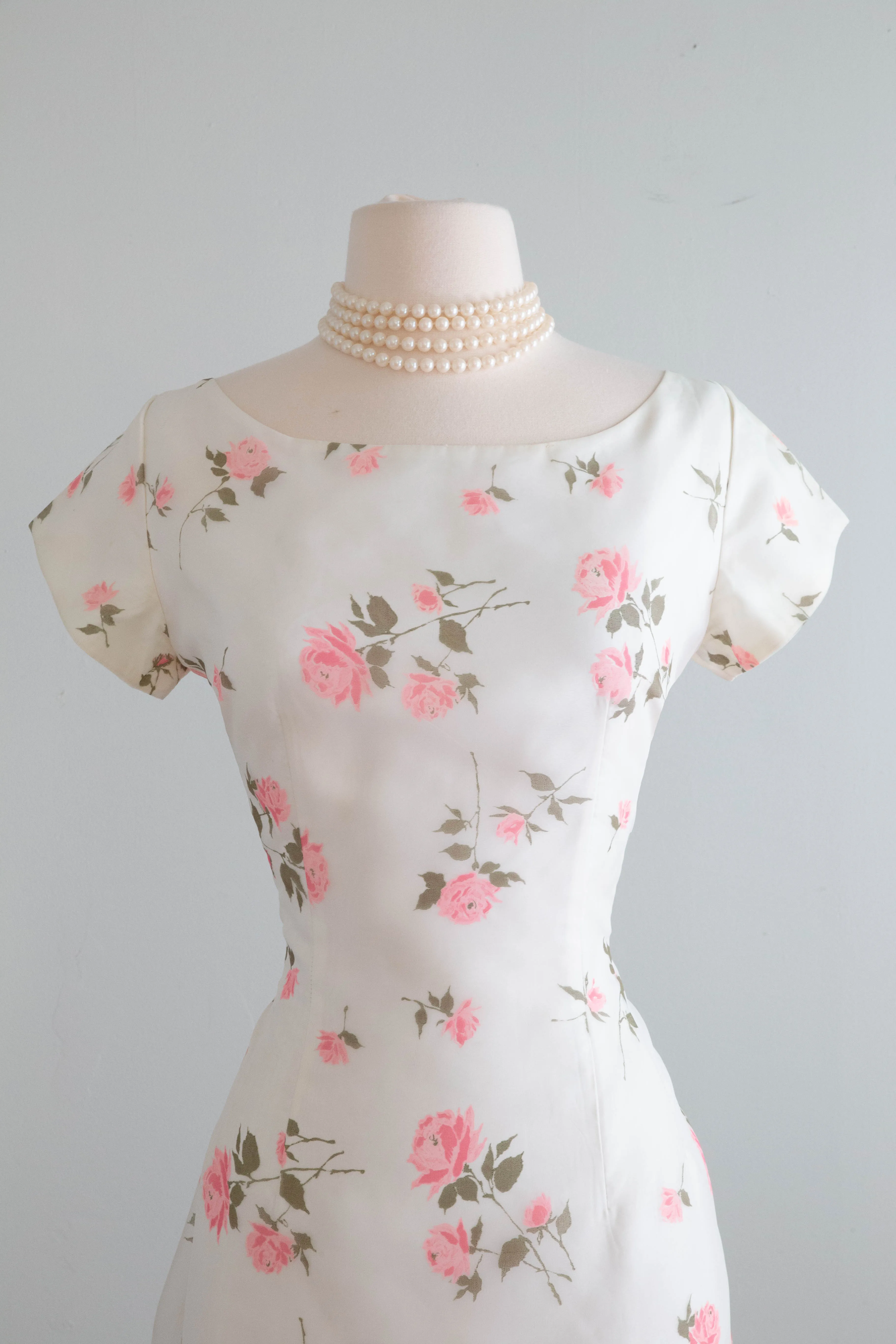Classic Beauty 1950's Pink Rose Print Party Dress By Sylvia Ann / Medium