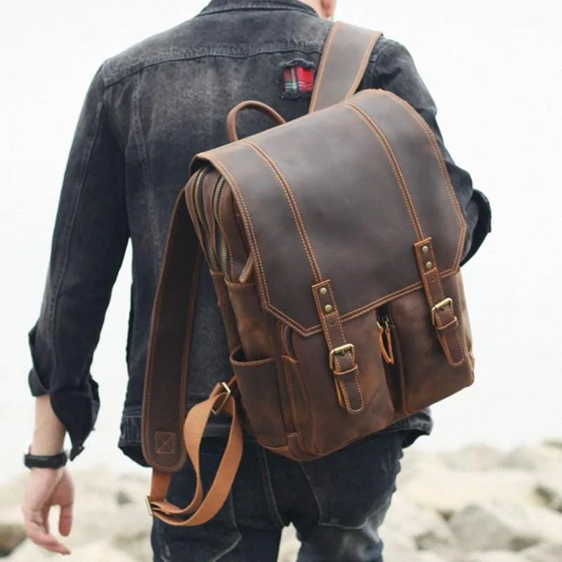 Crazy Horse Leather Backpack Genuine Leather Mens Daypack