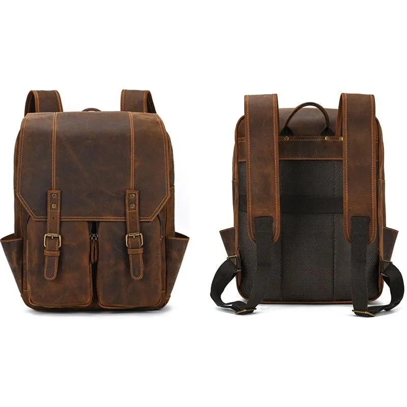 Crazy Horse Leather Backpack Genuine Leather Mens Daypack