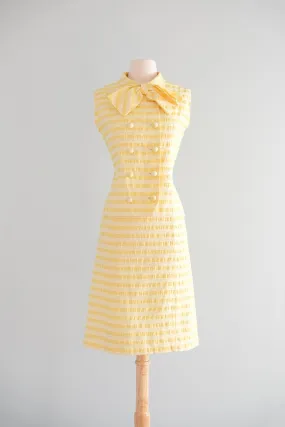 Cutest 1960's Pastel Yellow Striped Shift with Bow Tie Top / Sz M