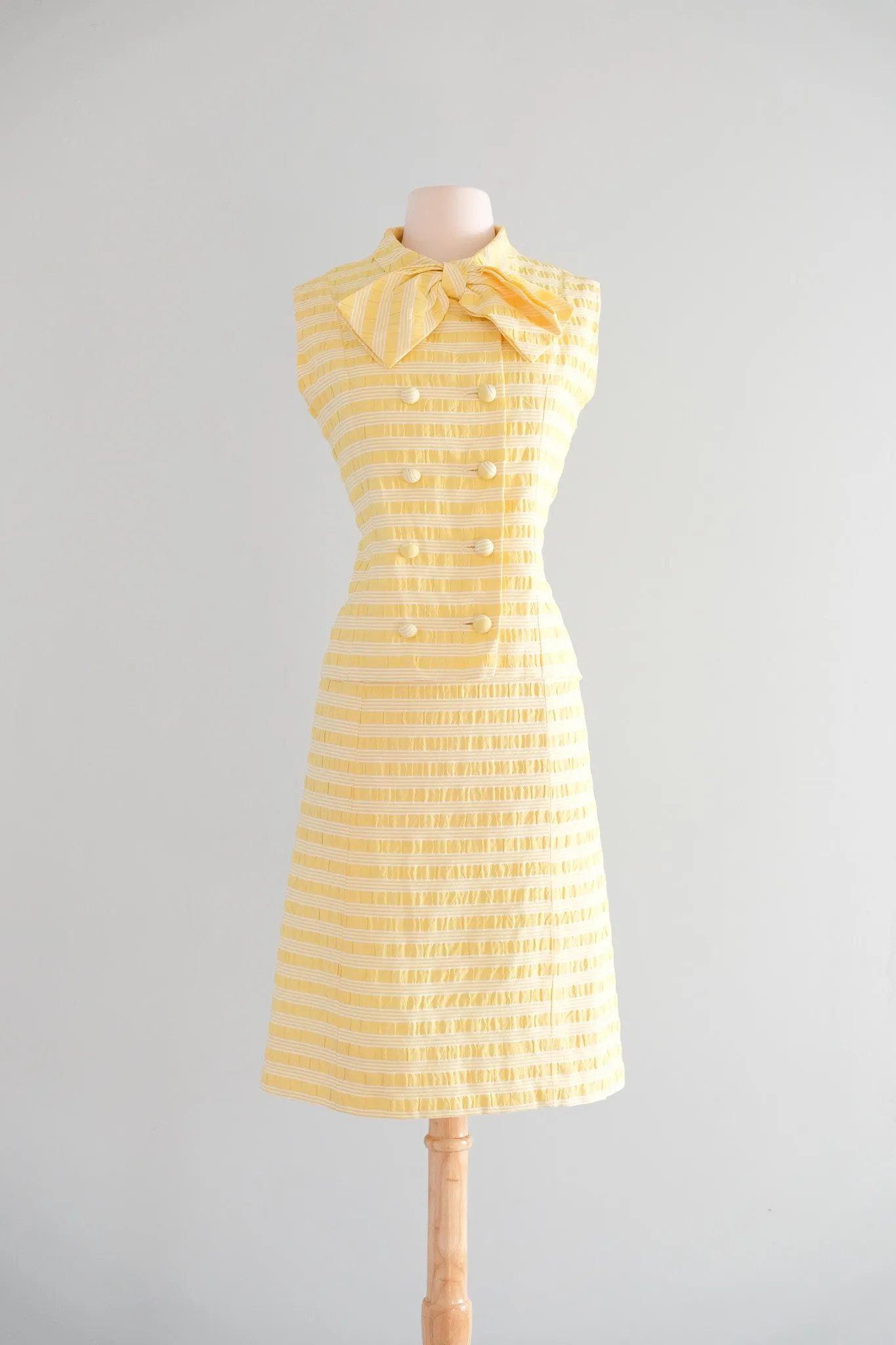 Cutest 1960's Pastel Yellow Striped Shift with Bow Tie Top / Sz M