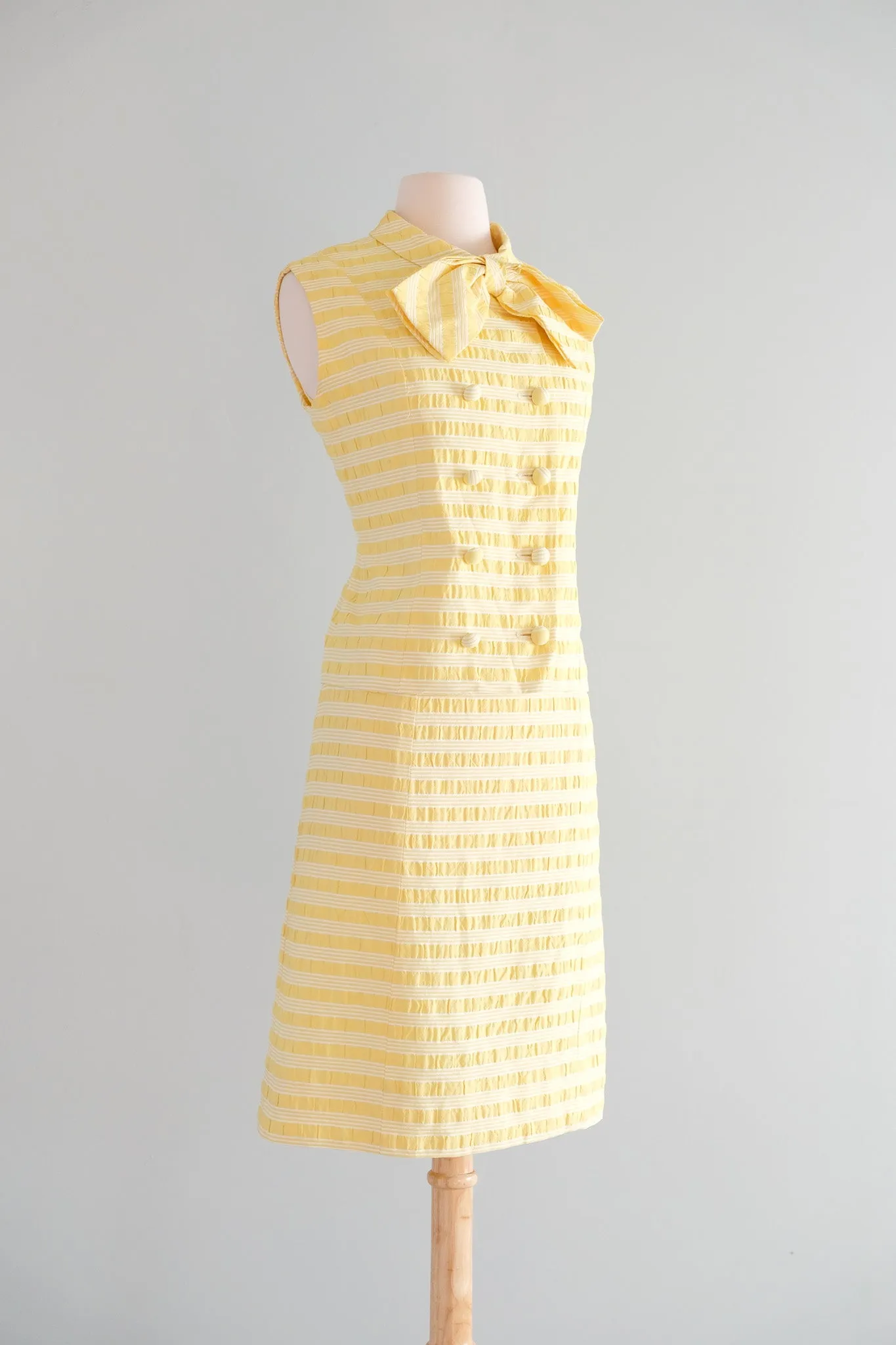 Cutest 1960's Pastel Yellow Striped Shift with Bow Tie Top / Sz M