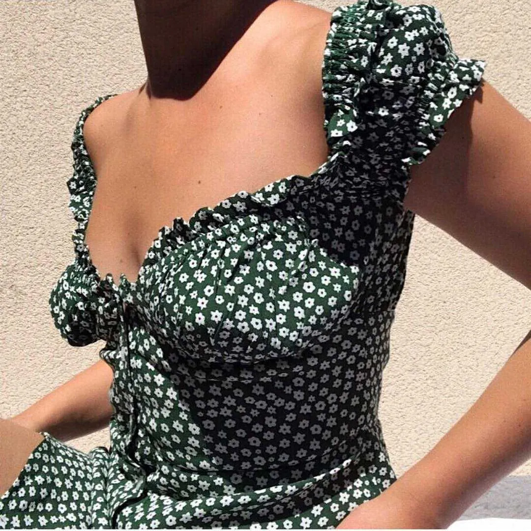 Daisy Floral Prints Vintage Green Frilled Button Through Dress
