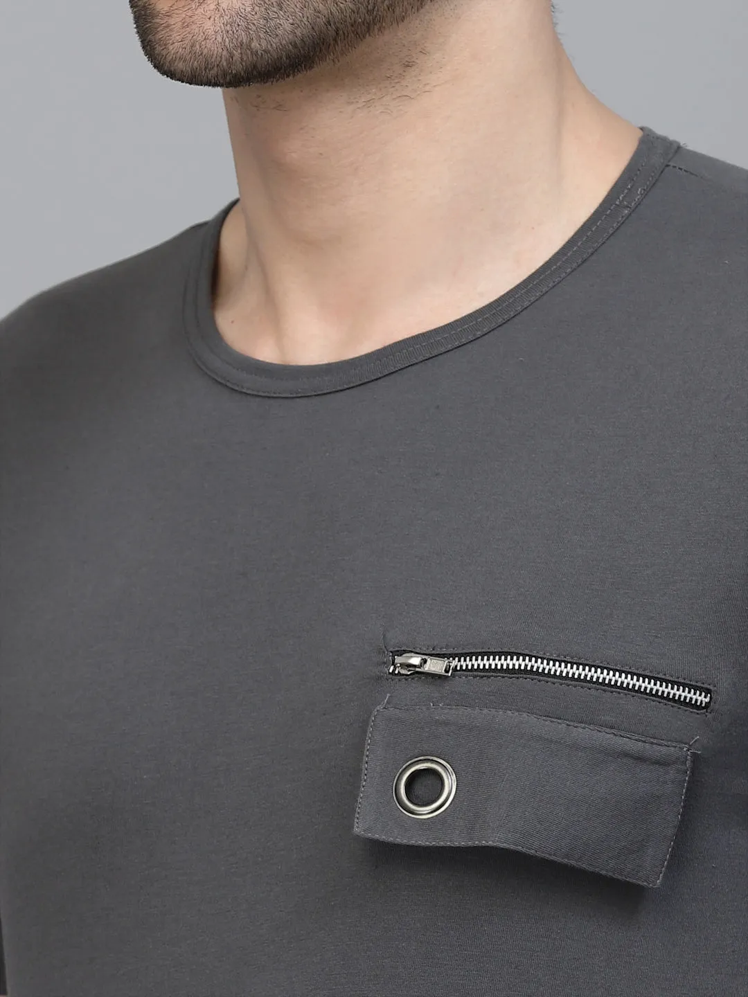 Dark Grey Solid Jersey Half Sleeves Round Neck T-shirt
