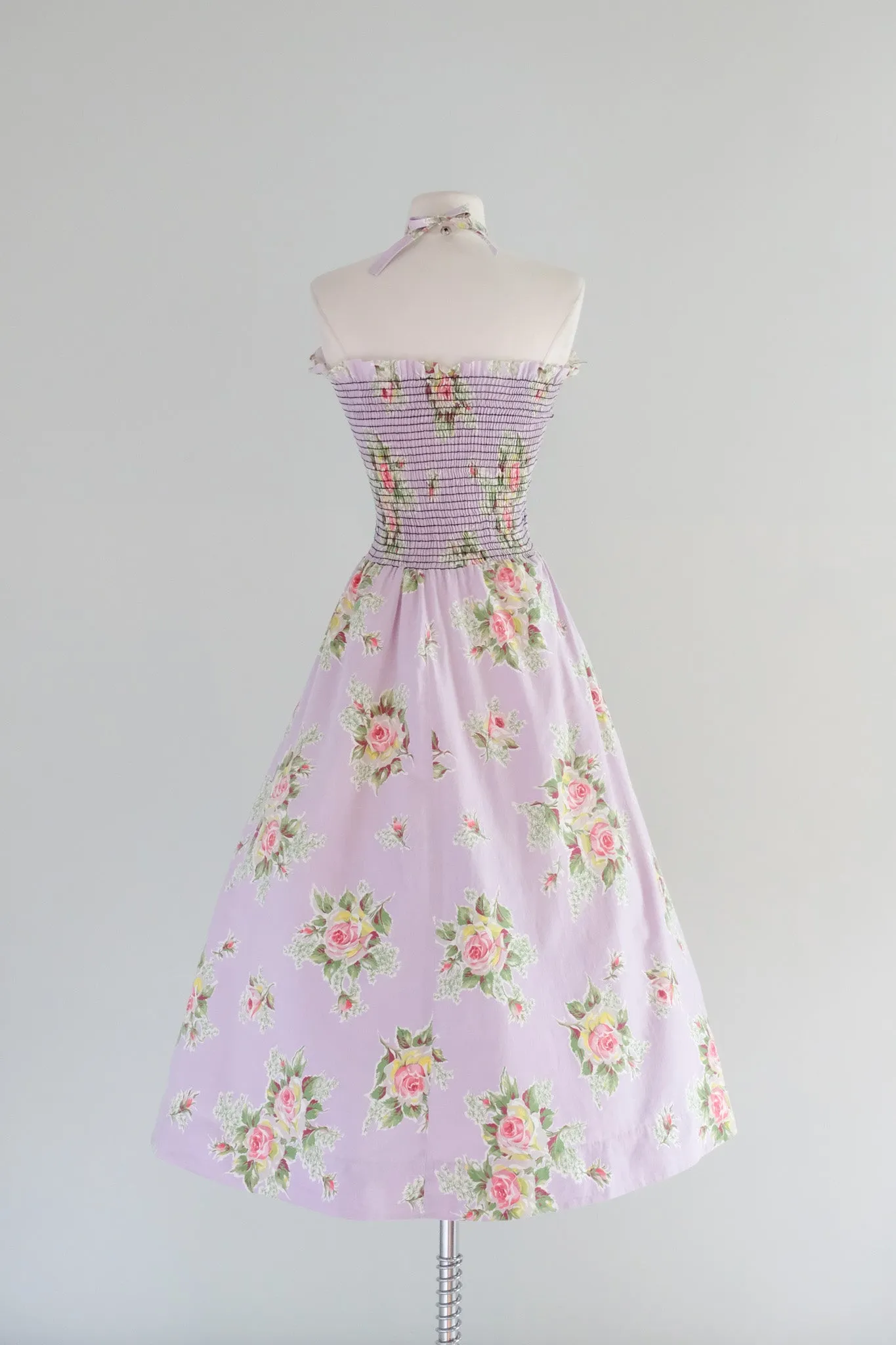 Darling 1950's Shirred Lavender Floral Dress / Sz M