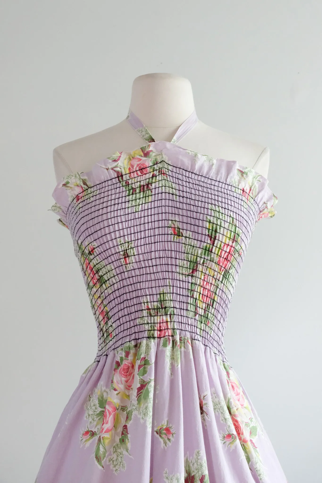 Darling 1950's Shirred Lavender Floral Dress / Sz M