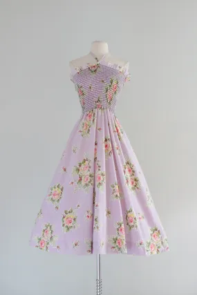 Darling 1950's Shirred Lavender Floral Dress / Sz M