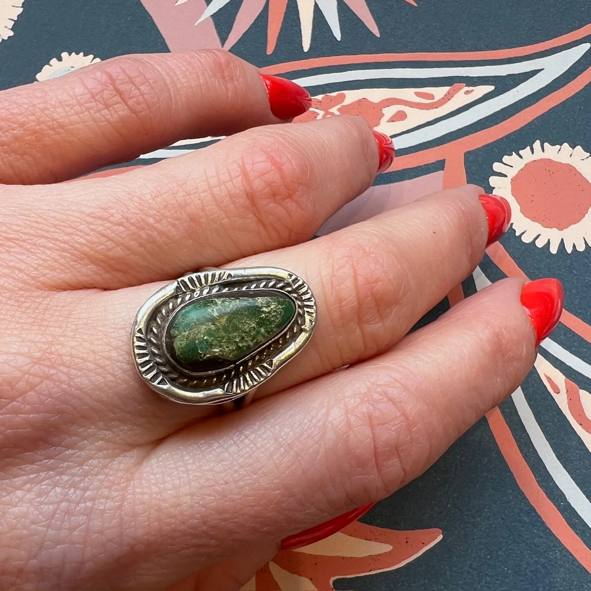 Eccentric Green Turquoise & Coin Silver Ring