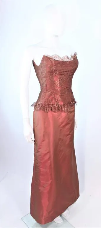 ELIZABETH FILLMORE Bronze Lace & Satin Gown, Coat Size 10