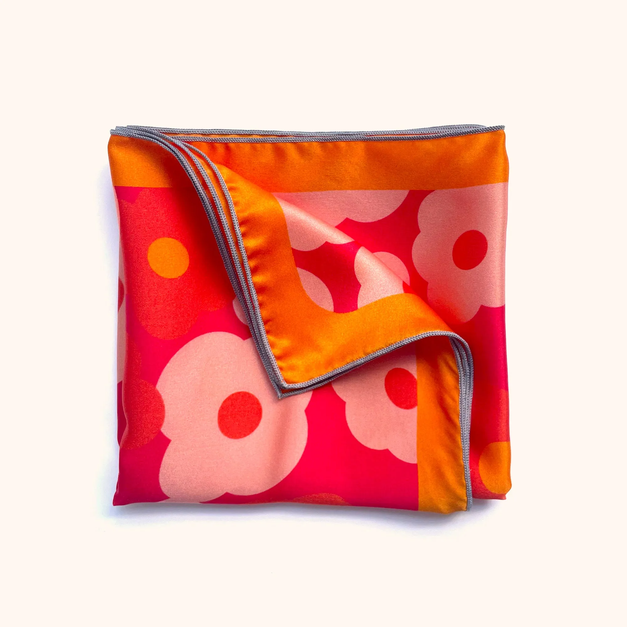 Flora - retro square silk charmeuse scarf in orange and red