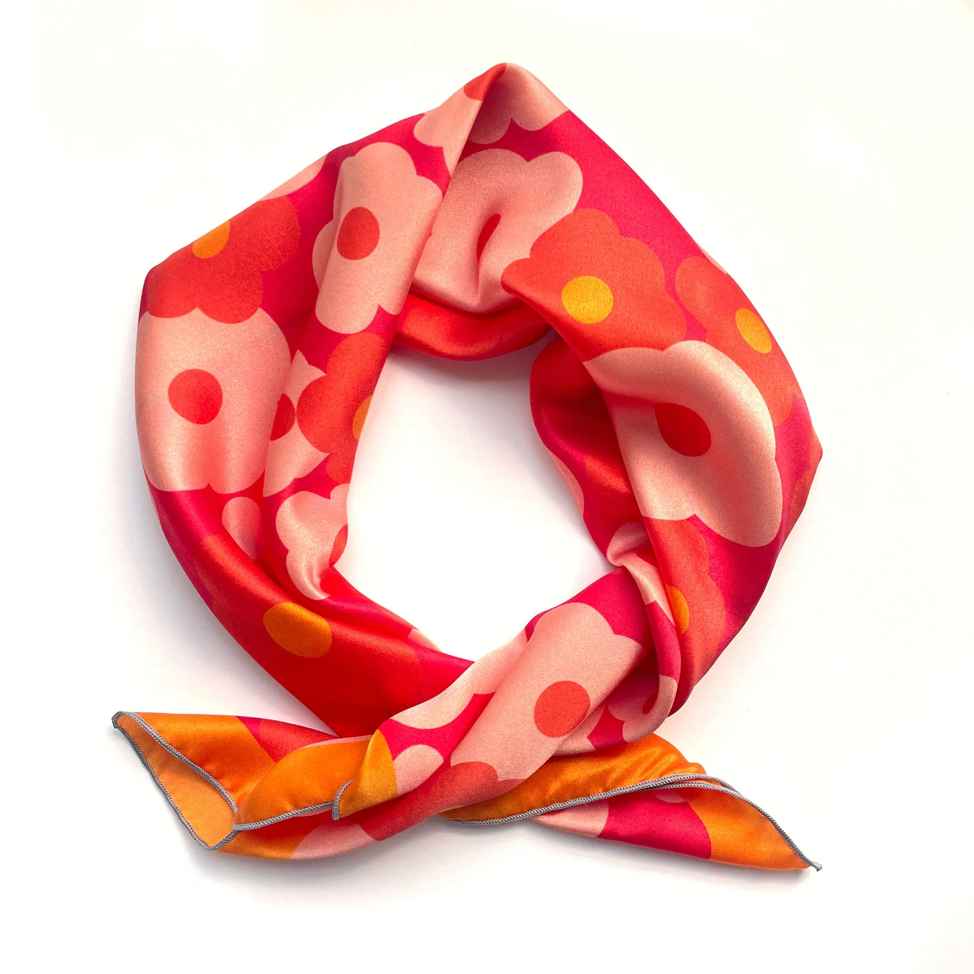Flora - retro square silk charmeuse scarf in orange and red