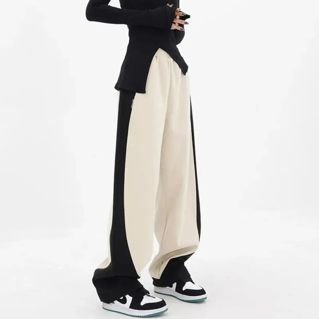 Getadme Hip Hop Women Contrast Color Wide Leg Pants Spring Summer Streetwear Fashion Elastic Waist Loose Sports Casual Straight Trousers