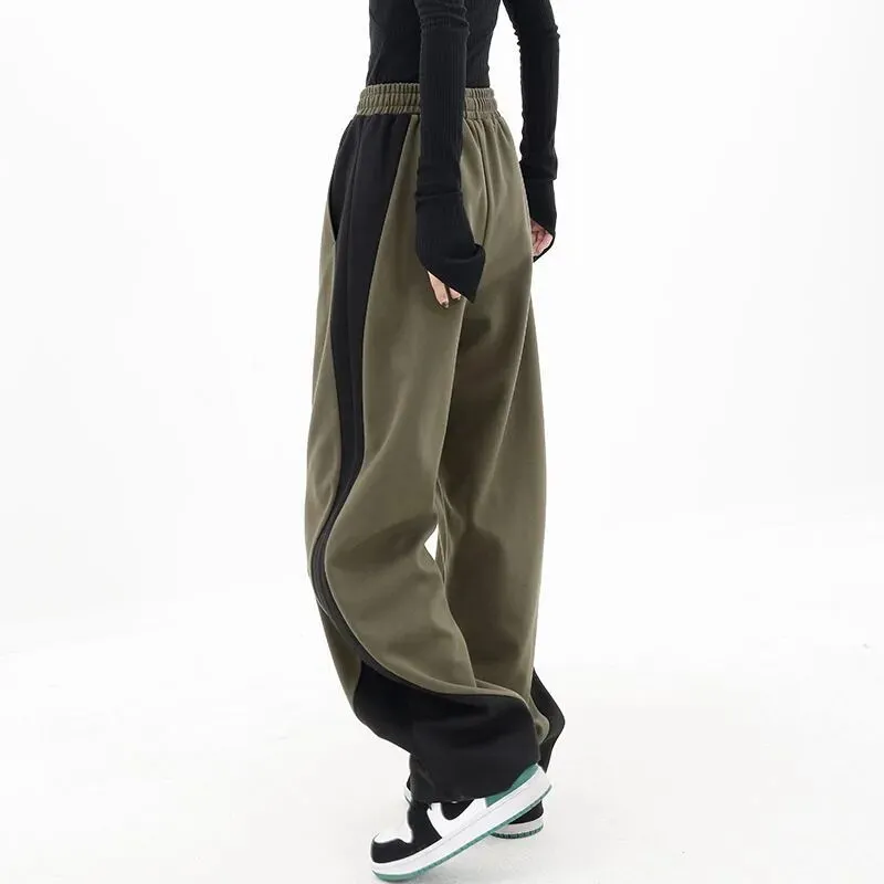 Getadme Hip Hop Women Contrast Color Wide Leg Pants Spring Summer Streetwear Fashion Elastic Waist Loose Sports Casual Straight Trousers