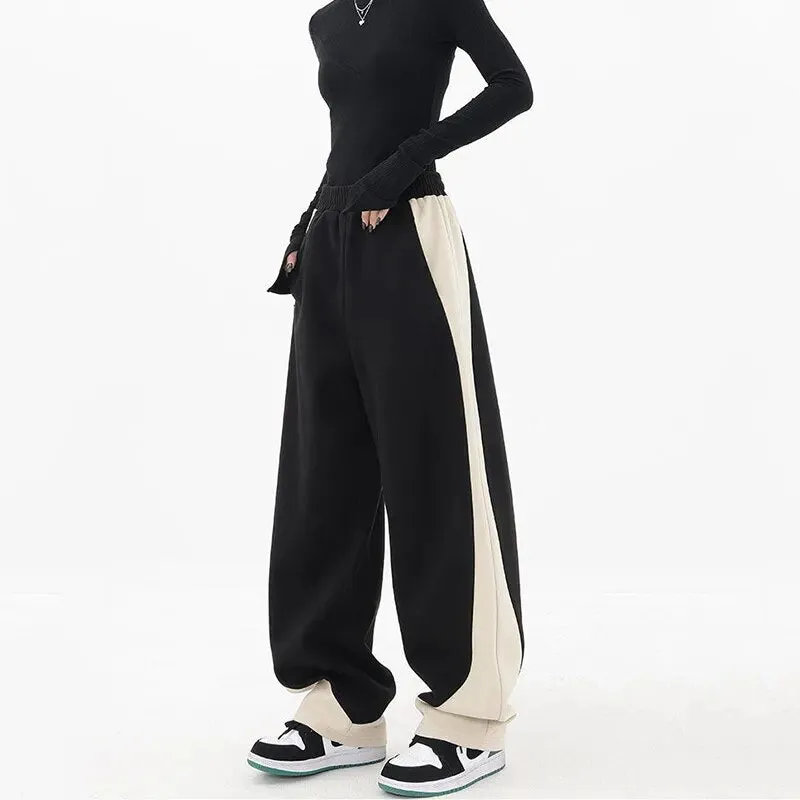 Getadme Hip Hop Women Contrast Color Wide Leg Pants Spring Summer Streetwear Fashion Elastic Waist Loose Sports Casual Straight Trousers