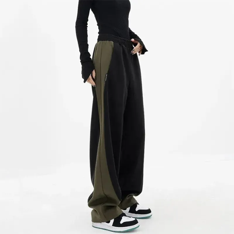 Getadme Hip Hop Women Contrast Color Wide Leg Pants Spring Summer Streetwear Fashion Elastic Waist Loose Sports Casual Straight Trousers