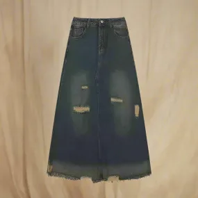 Grunge Distressed Denim Maxi Skirt
