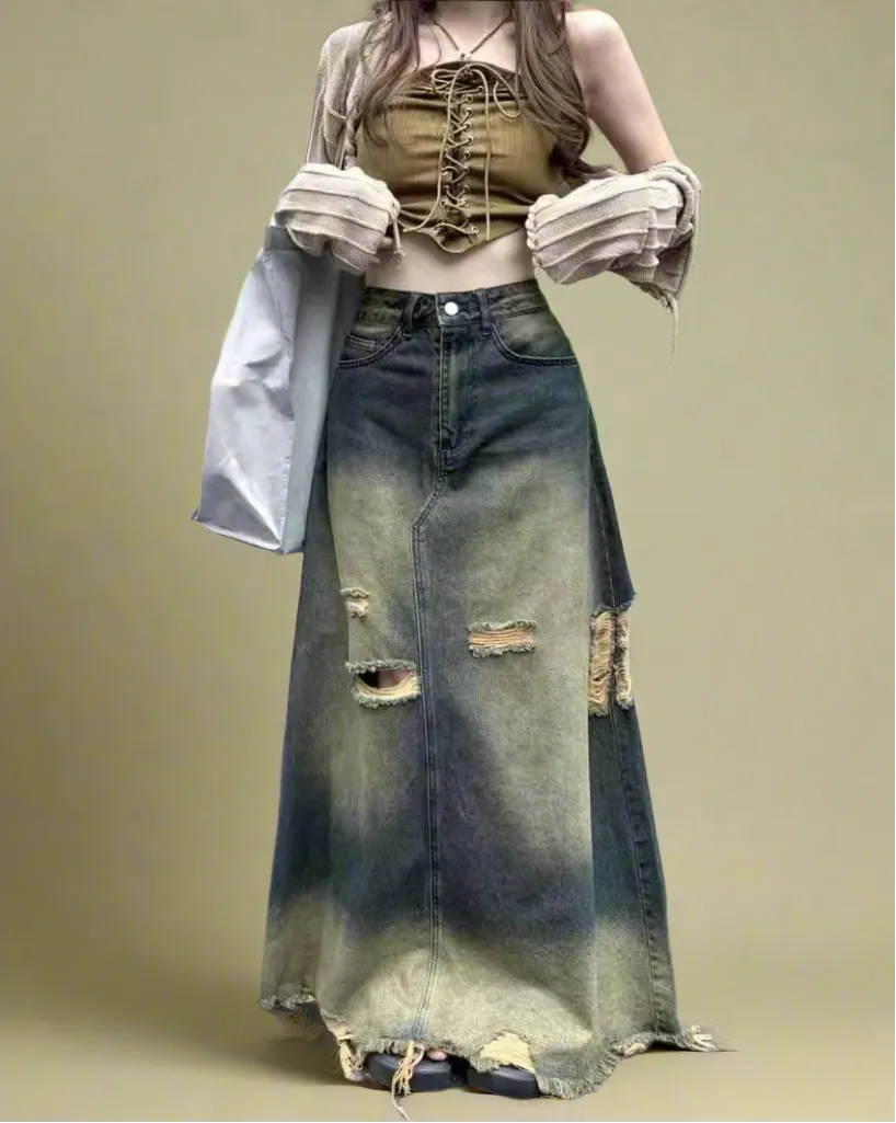 Grunge Distressed Denim Maxi Skirt