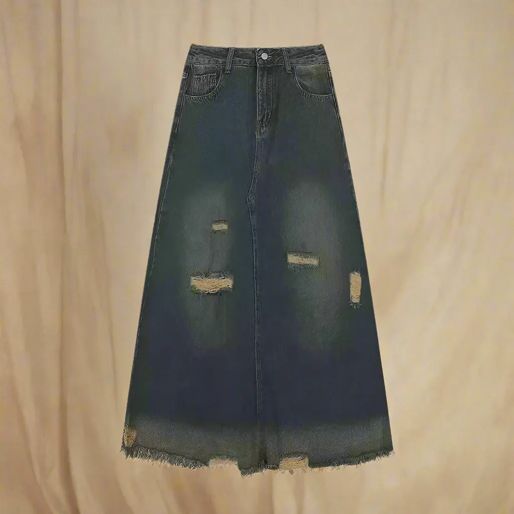 Grunge Distressed Denim Maxi Skirt