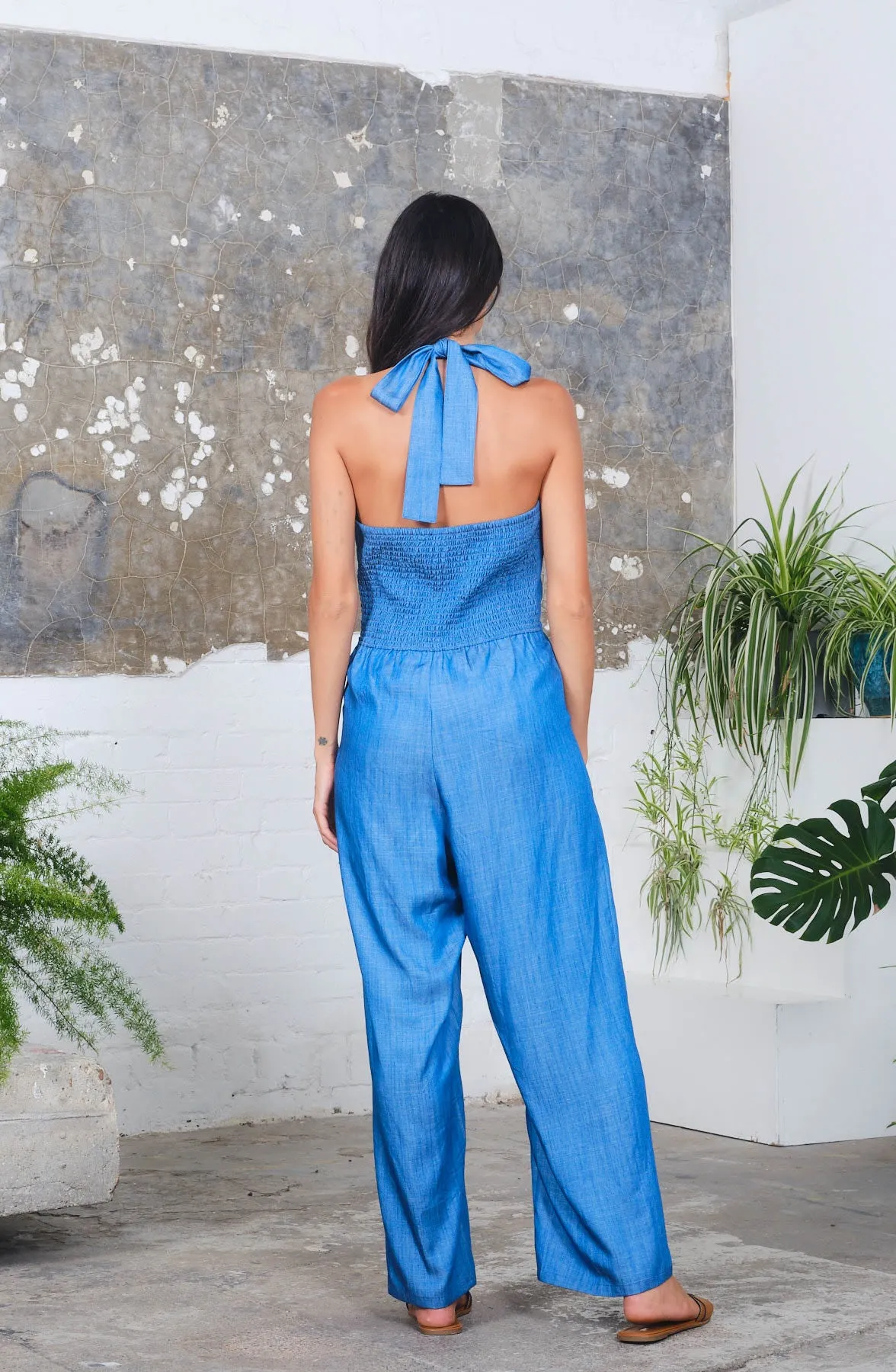 Halter Jumpsuit in Chambray Print