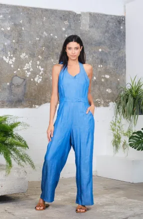 Halter Jumpsuit in Chambray Print