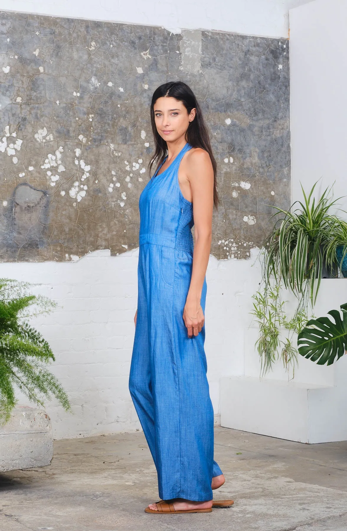 Halter Jumpsuit in Chambray Print
