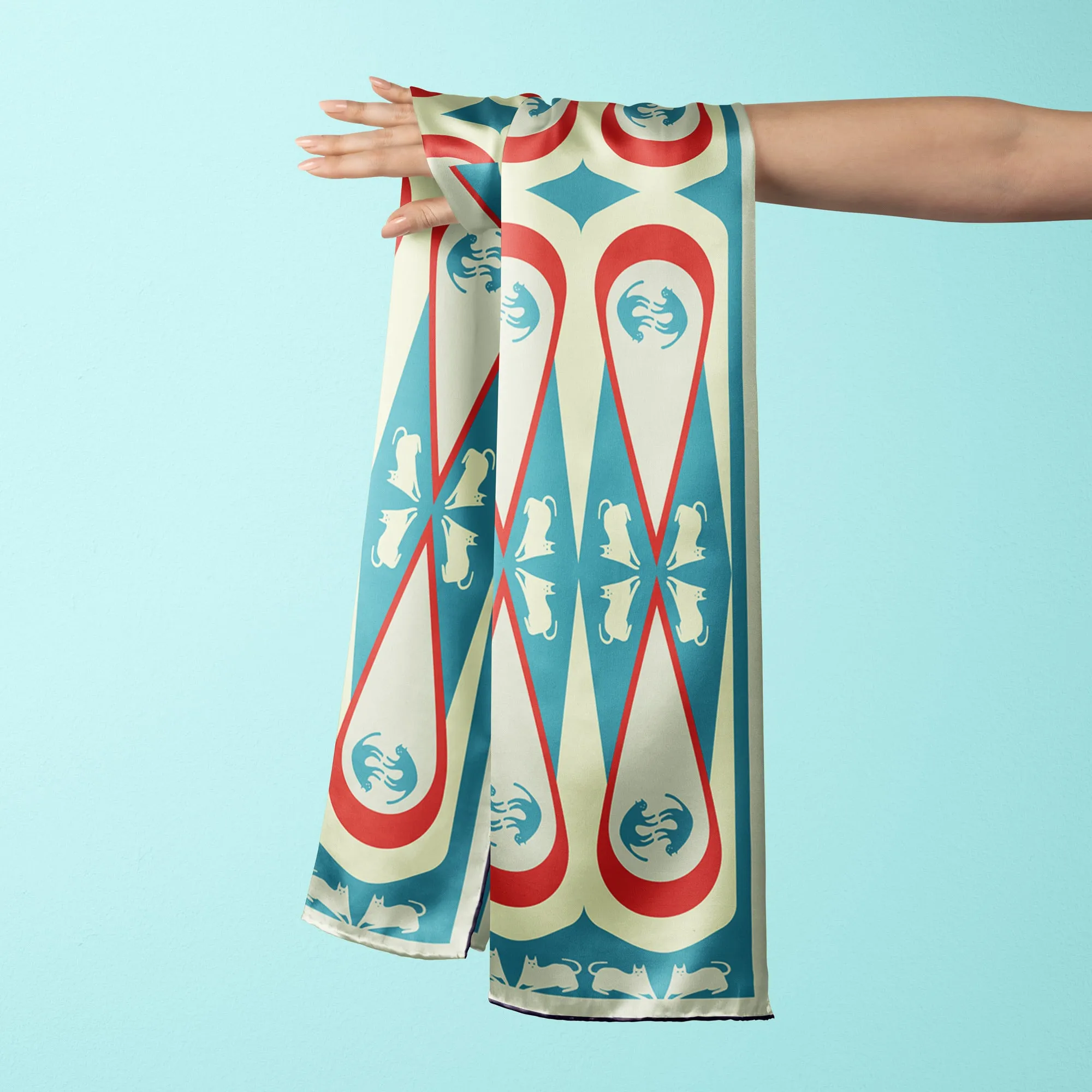 House Cheetah- limited edition cat silk scarf in blue and red retro