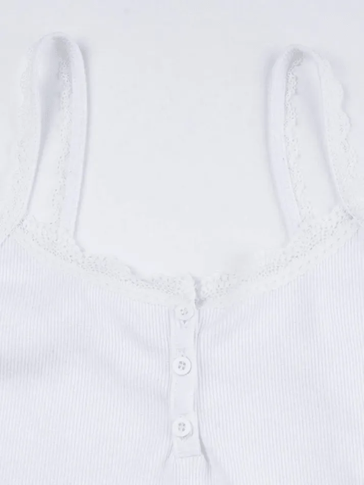 Lace Trim Button-Up Ribbed Crop Cami Top