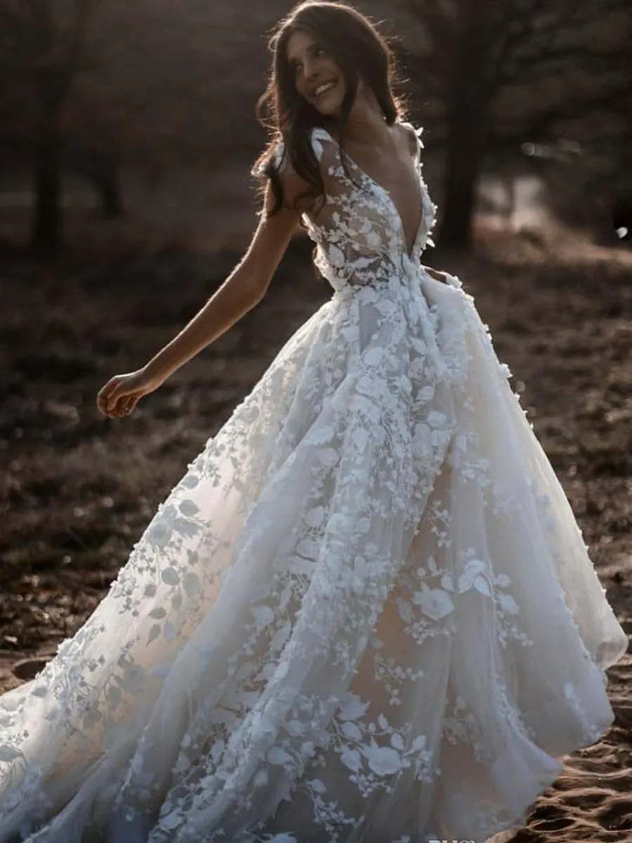 Lace Vintage Boho Wedding Dress With Sleeves Country