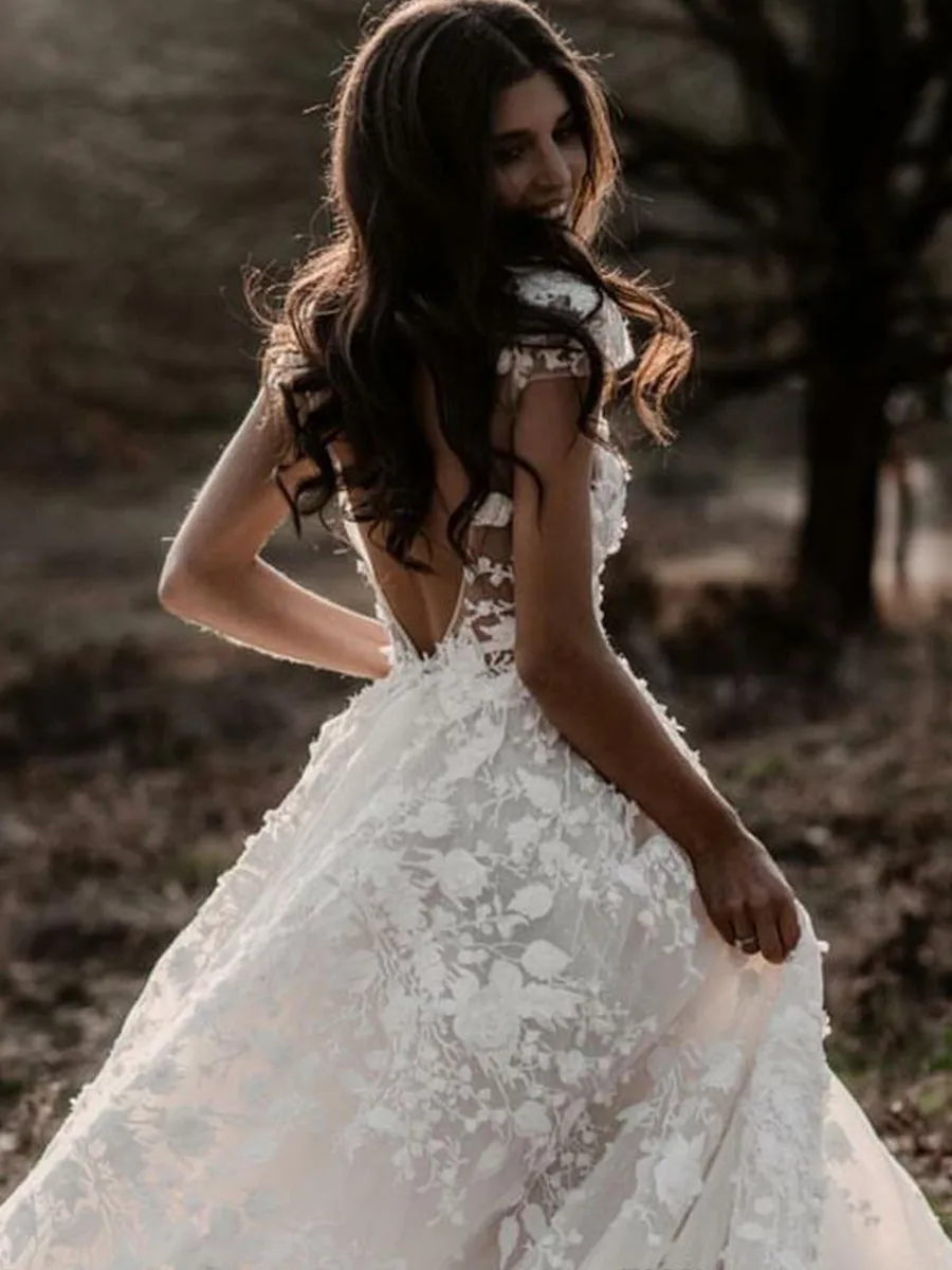 Lace Vintage Boho Wedding Dress With Sleeves Country