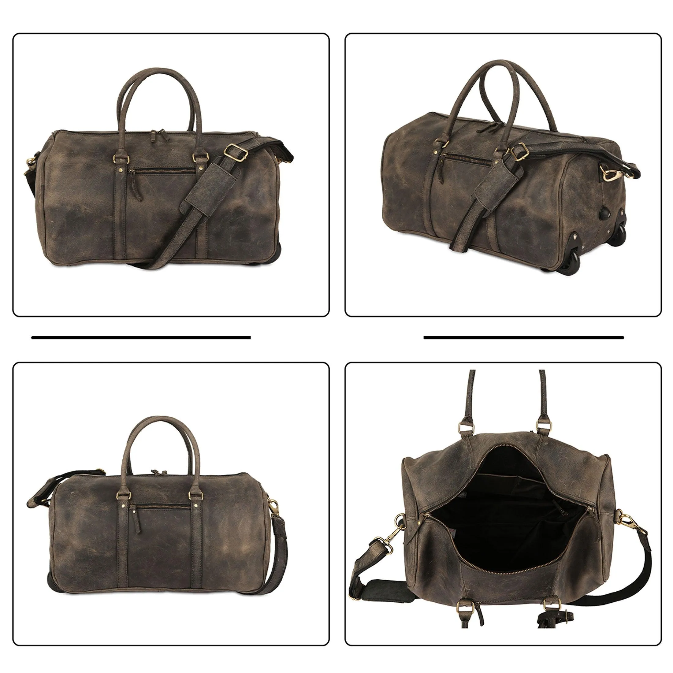 Leather Rolling Travel Duffle Bag for Men Women 21 inch with wheels Sports Overnight Weekend Duffel Gym Cabin Holdall with wheels for easy carry