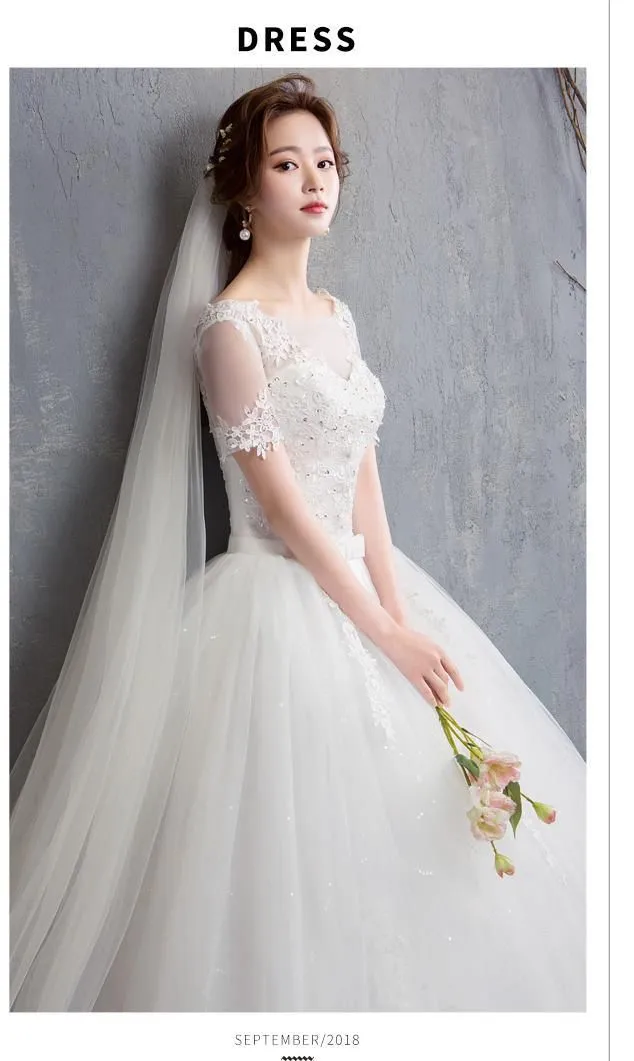 New Vintage Wedding Dress Short Sleeve Gown