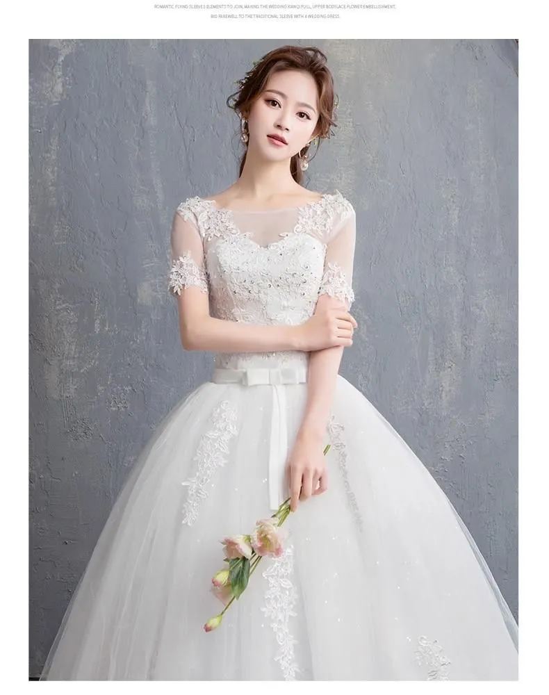 New Vintage Wedding Dress Short Sleeve Gown