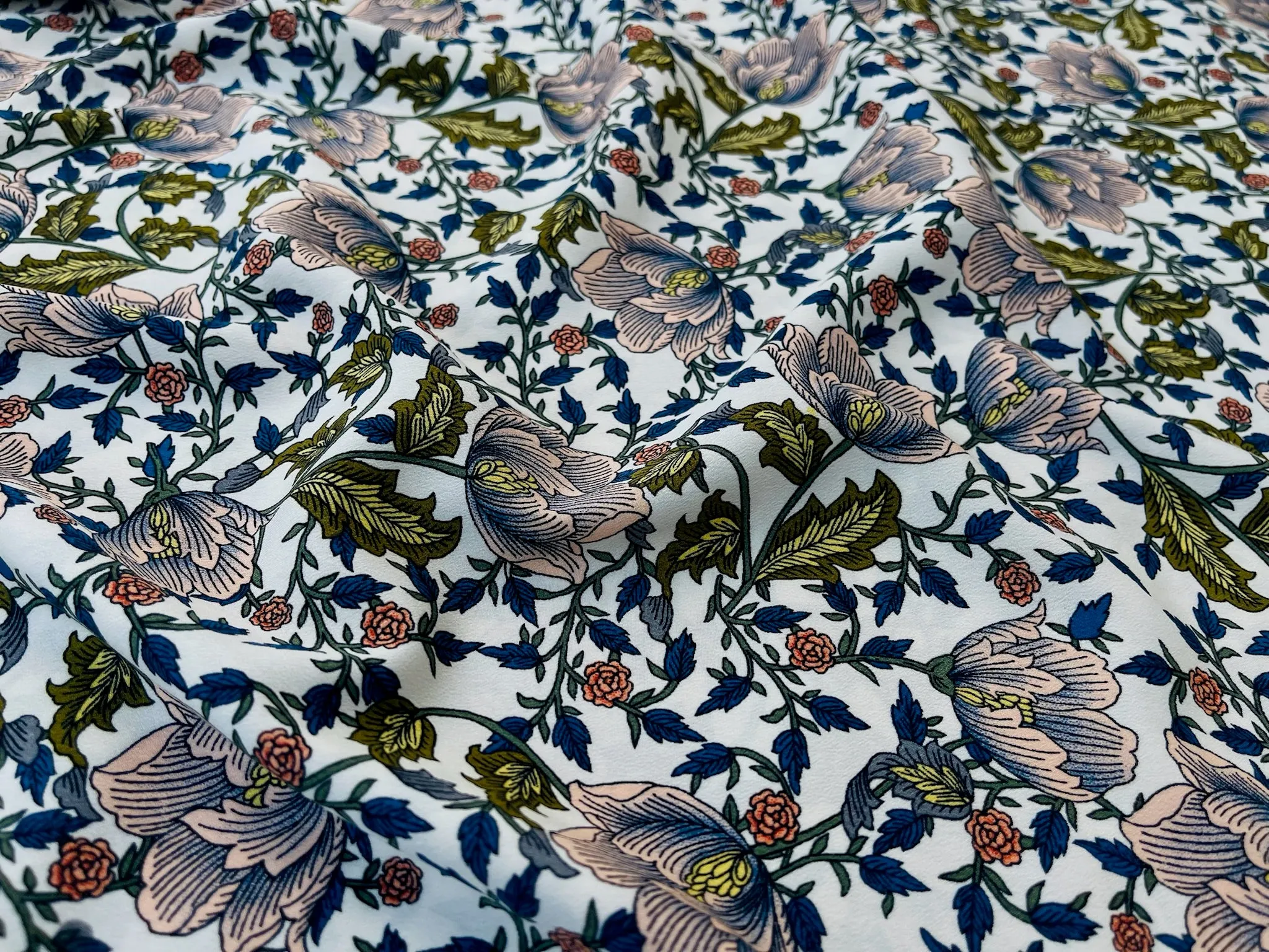 Peachskin  fabric by the yard - Vintage pink and blue floral print