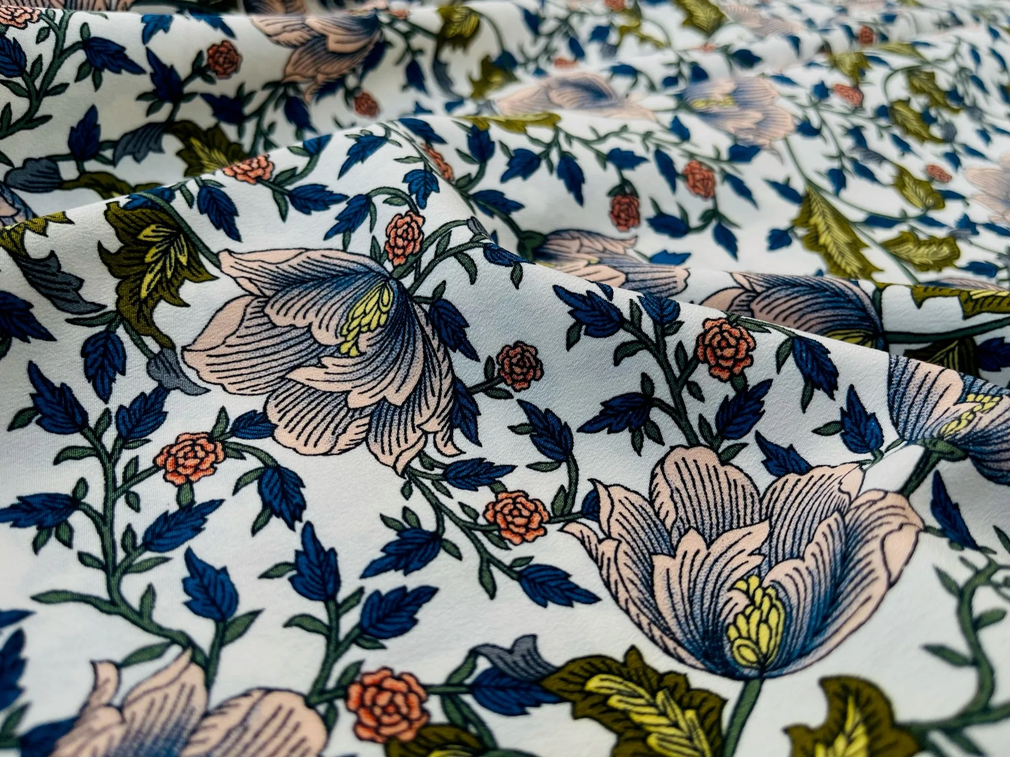 Peachskin  fabric by the yard - Vintage pink and blue floral print