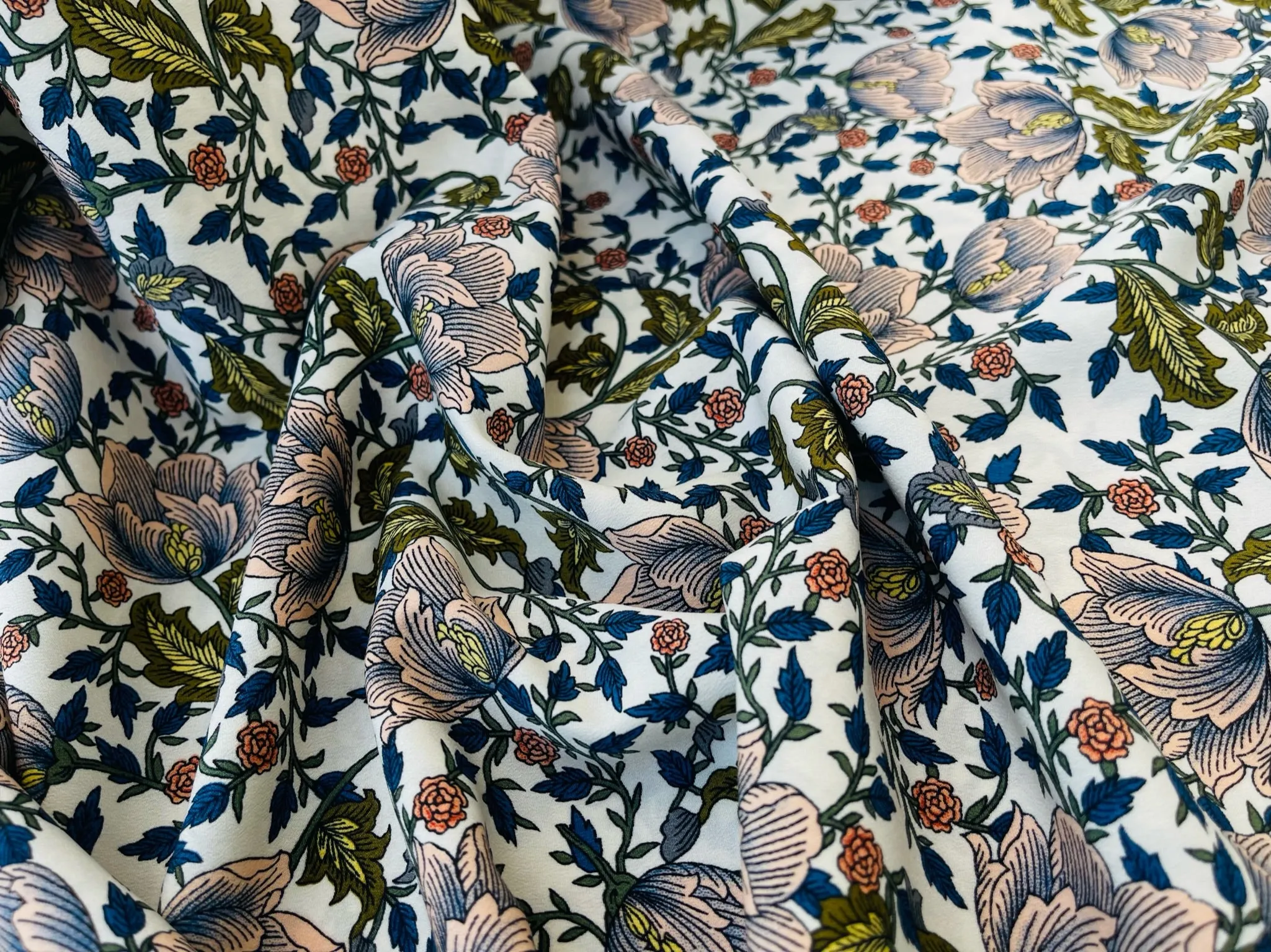 Peachskin  fabric by the yard - Vintage pink and blue floral print