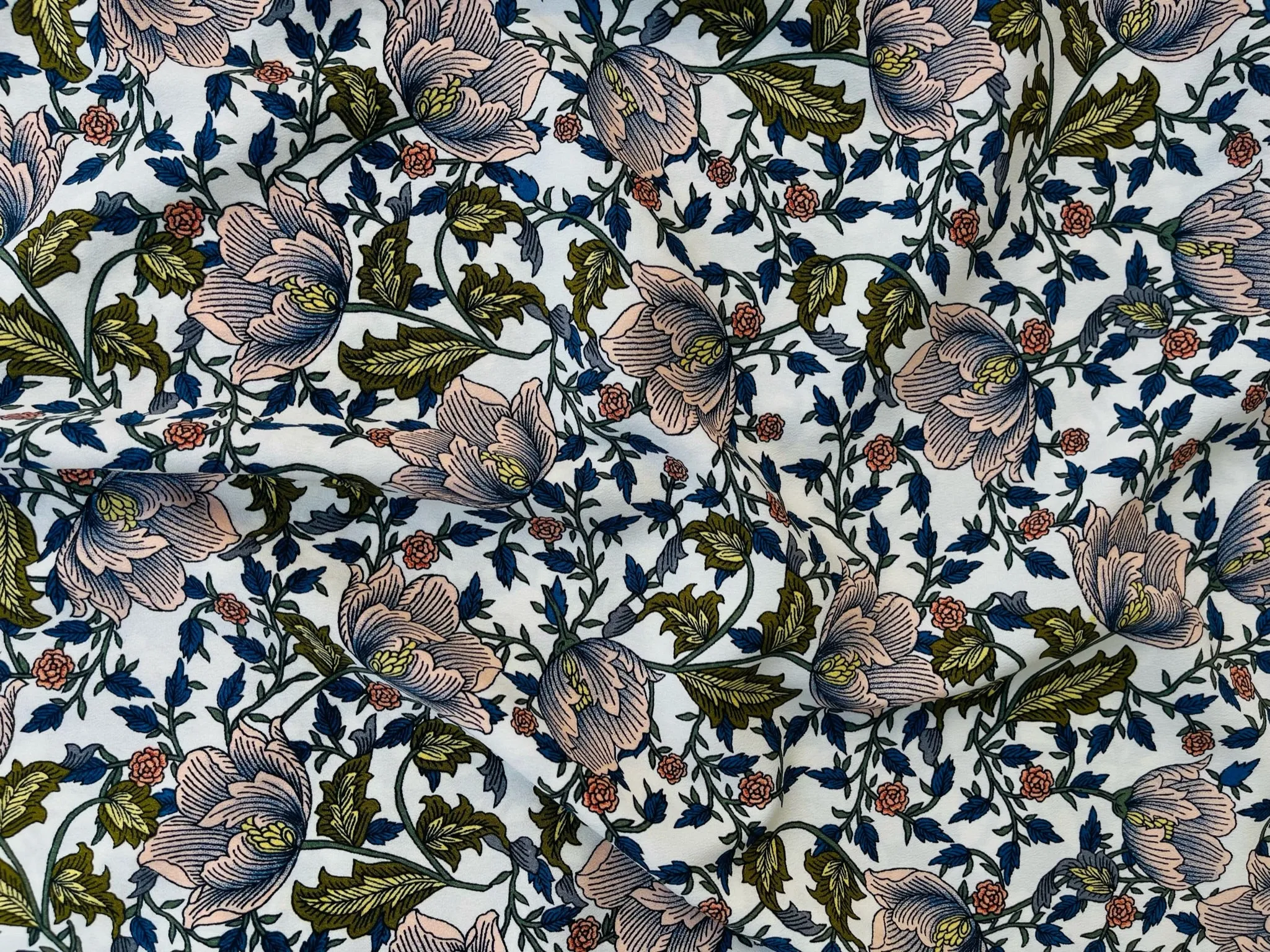 Peachskin  fabric by the yard - Vintage pink and blue floral print