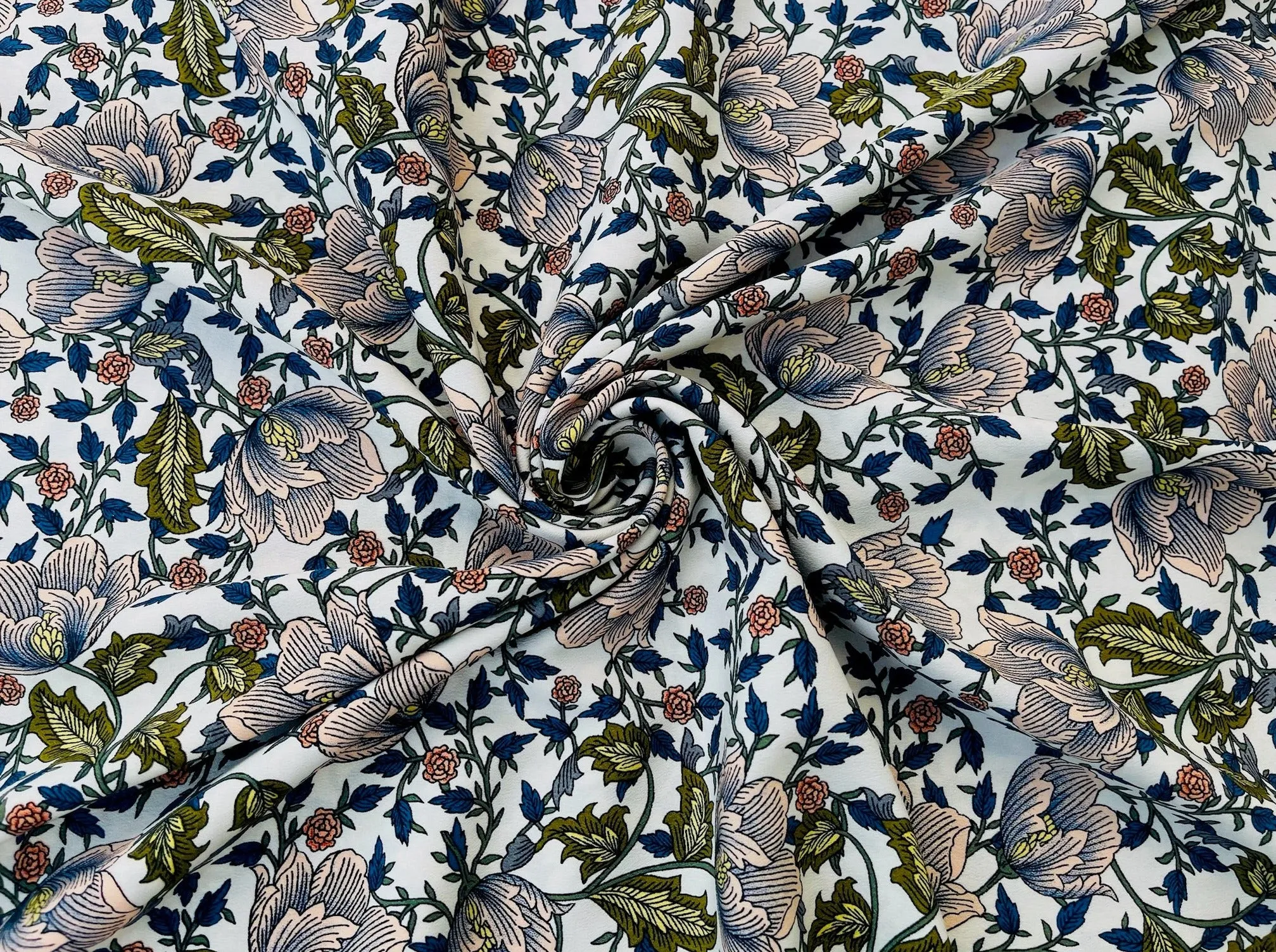 Peachskin  fabric by the yard - Vintage pink and blue floral print