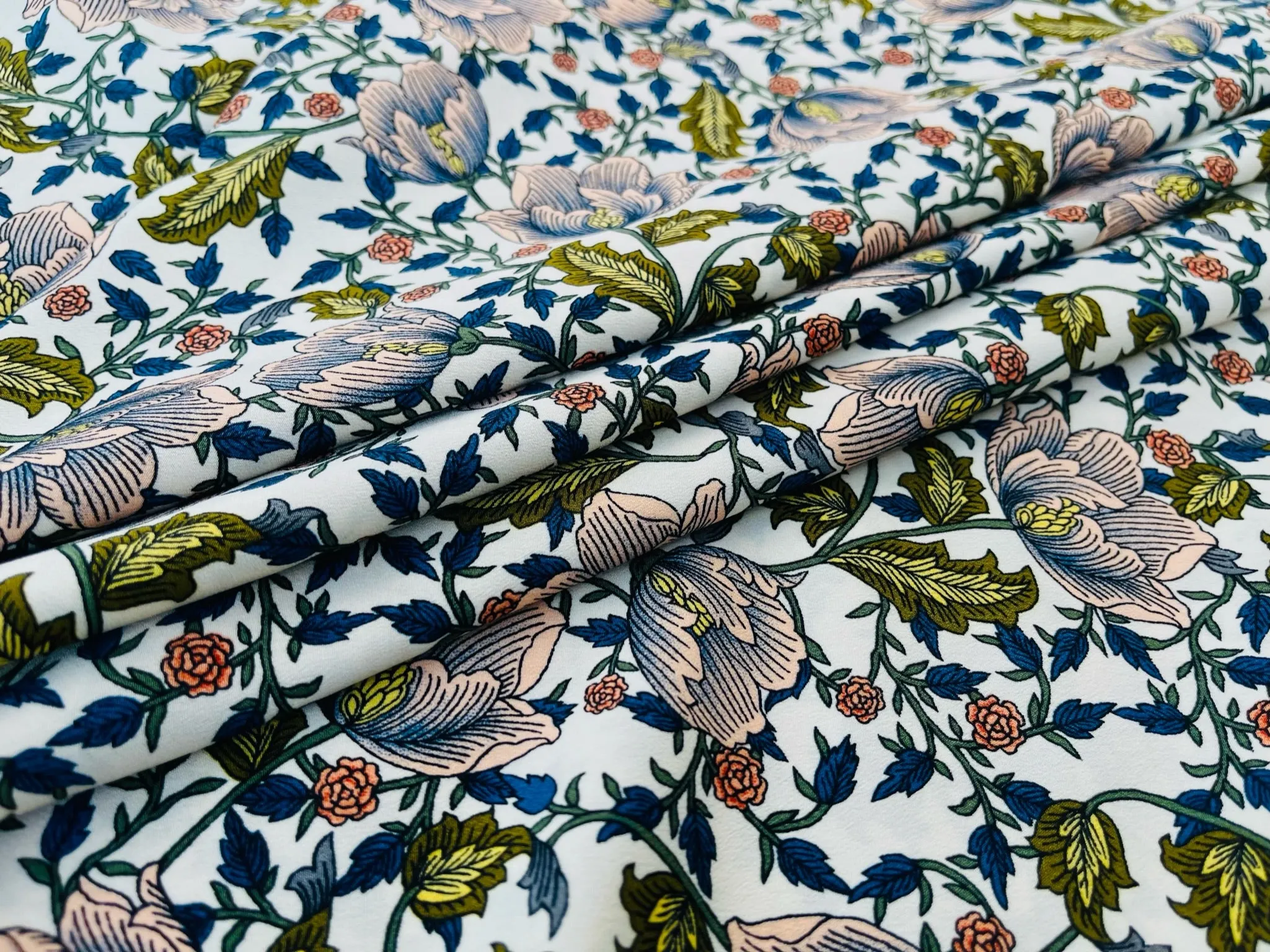 Peachskin  fabric by the yard - Vintage pink and blue floral print