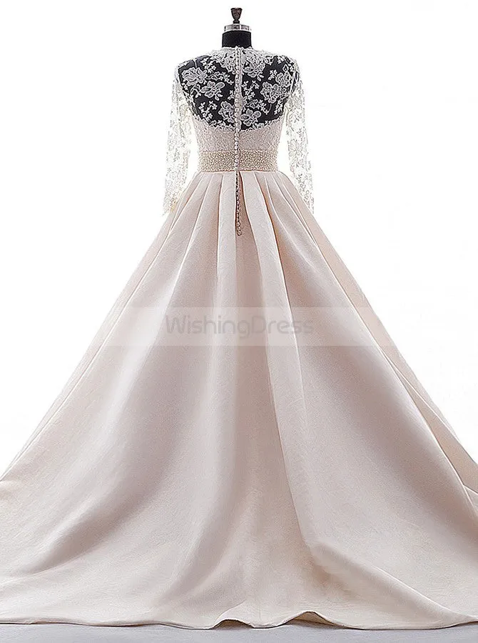 Pink Wedding Gown,Wedding Dresses with Sleeves,Satin Wedding Dress,Vintage Wedding Gown,WD00029