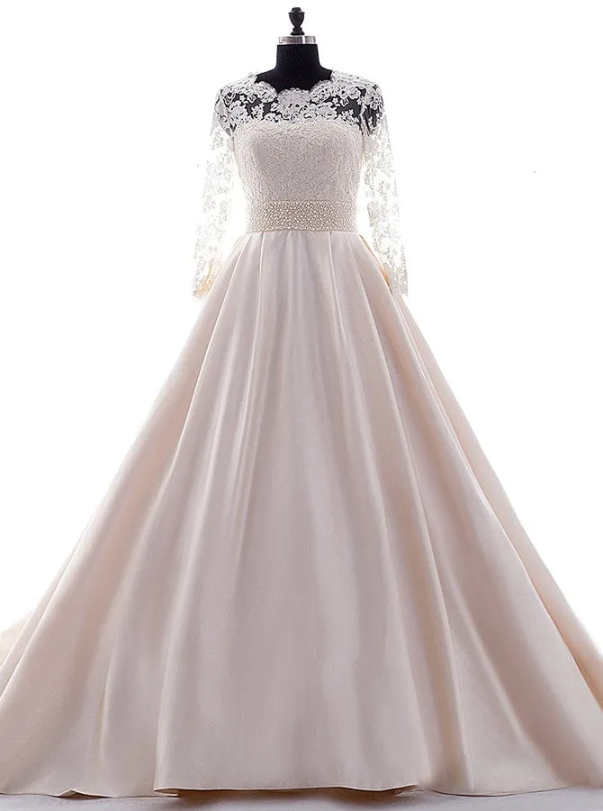 Pink Wedding Gown,Wedding Dresses with Sleeves,Satin Wedding Dress,Vintage Wedding Gown,WD00029