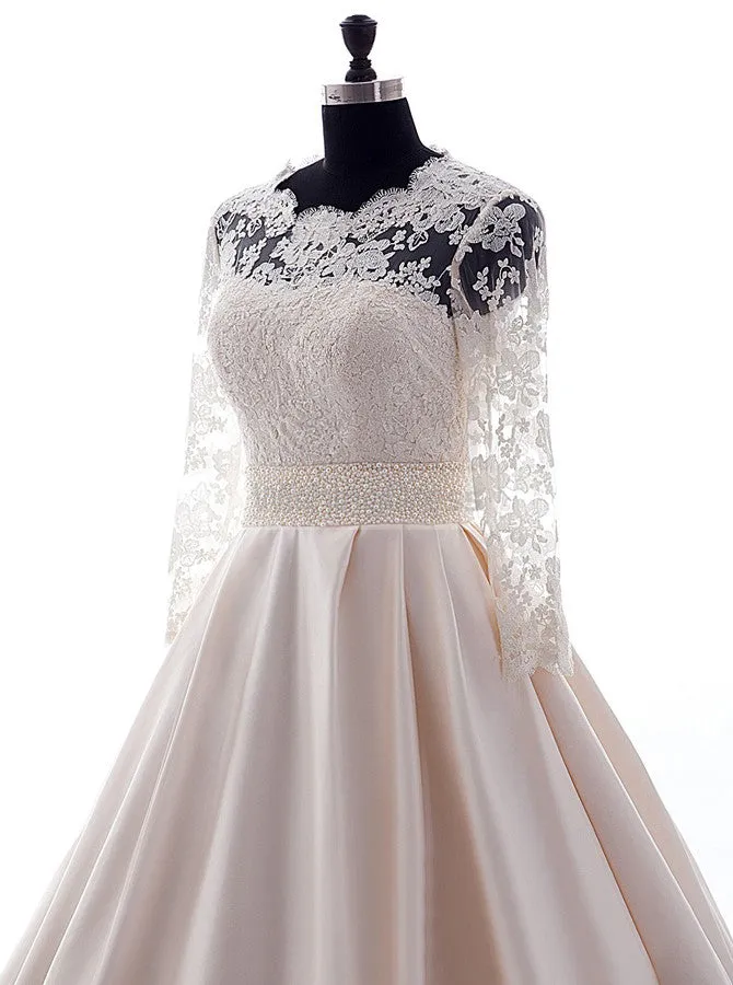 Pink Wedding Gown,Wedding Dresses with Sleeves,Satin Wedding Dress,Vintage Wedding Gown,WD00029