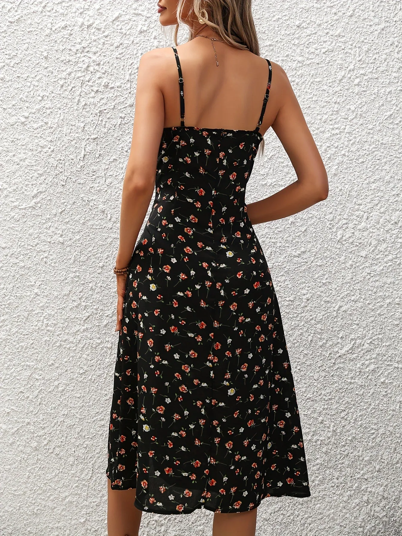 Polka Dot Print Suspender Dress Slit Long Dresses