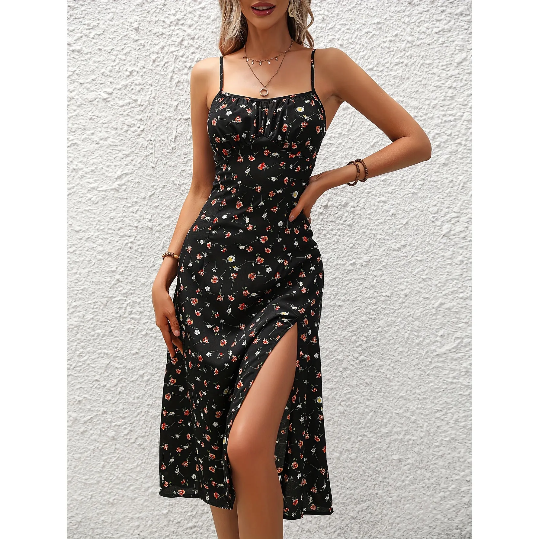Polka Dot Print Suspender Dress Slit Long Dresses