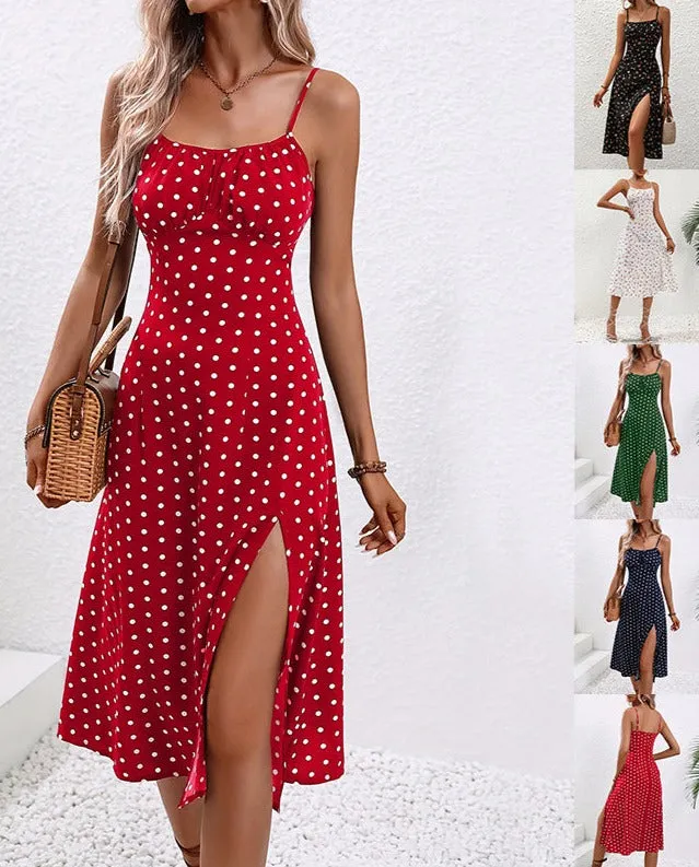 Polka Dot Print Suspender Dress Slit Long Dresses