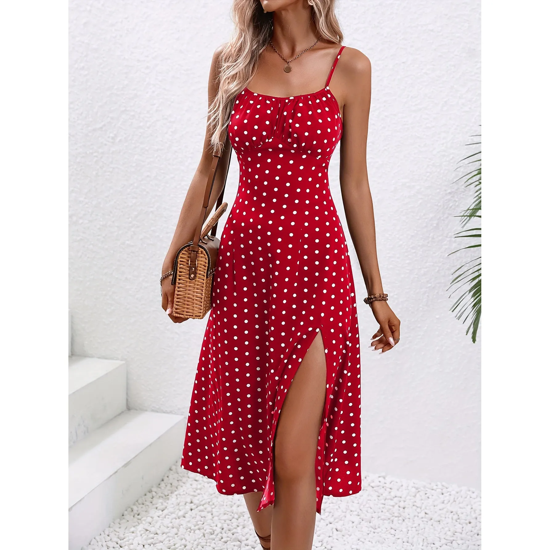Polka Dot Print Suspender Dress Slit Long Dresses